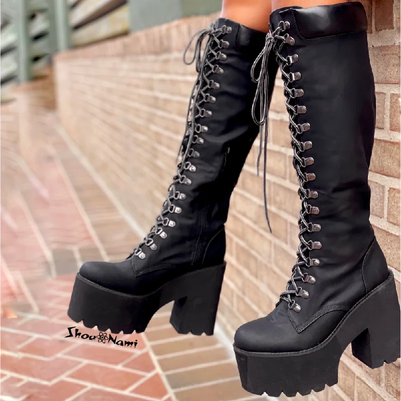 HOPE-02 Black - Black Faux Leather - Knee-High Boot - Combat Styling