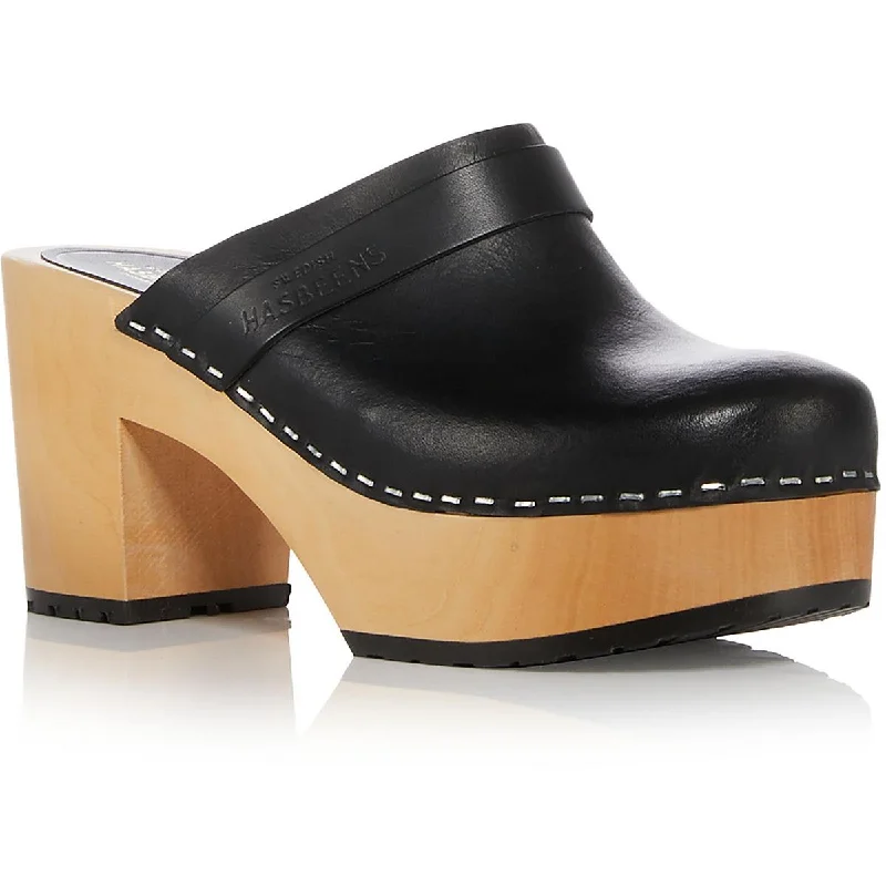 Swedish Hasbeens Womens Louise Leather Block Heel Clogs