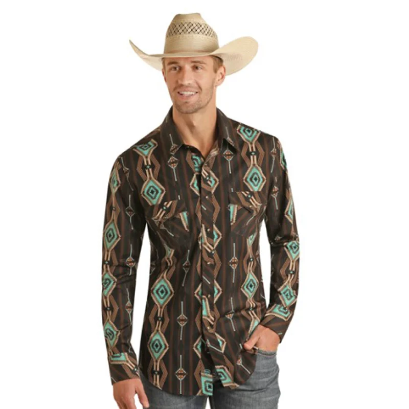 Rock & Roll Men's Black & Turquoise Aztec Long Sleeve