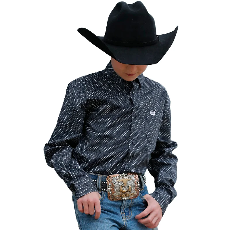 Cinch Boy's Navy Micro Dot Print Long Sleeve Button Down