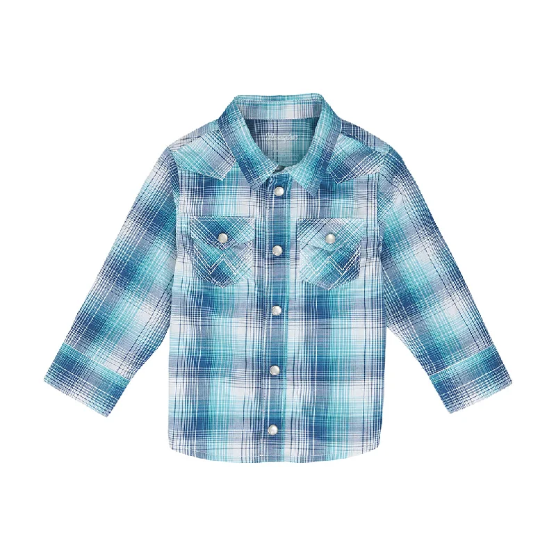 Wrangler Kid's Blue & Turquoise Plaid Long Sleeve Pearl Snap Shirt