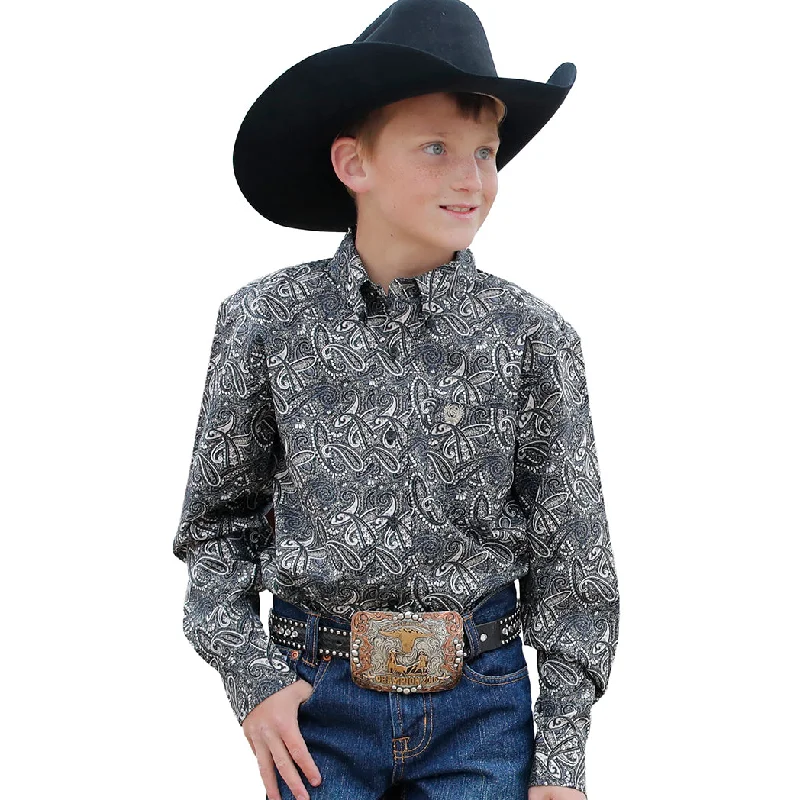 Cinch Boy's Black Paisley Print Long Sleeve Button Down