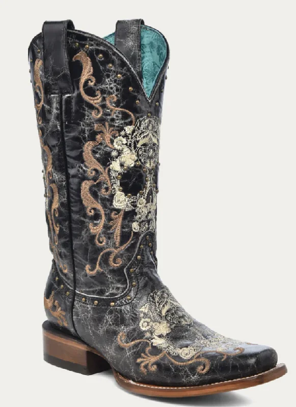 Corral Ladies Black Floral Skull Boots Style Z5005