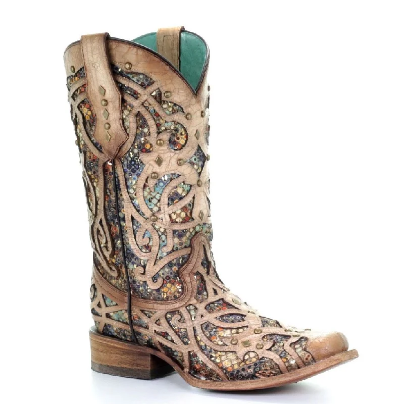 Corral Ladies Bone & Multicolor Inlay & Studs Square Toe Boots Style C3405