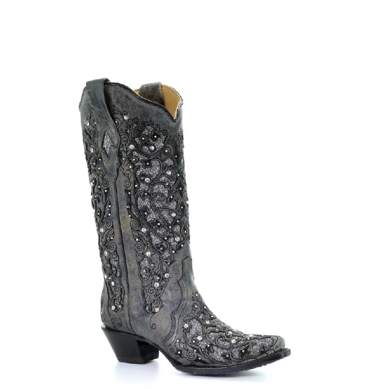 Corral Ladies Grey Glitter Inlay/Crystals Sniped Toe Boot Style A3672