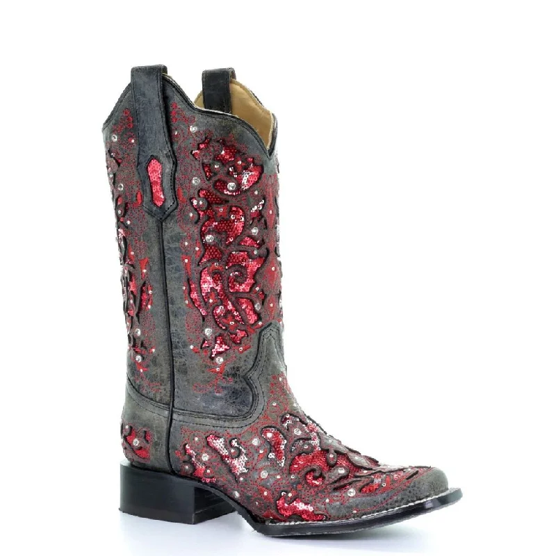 Corral Ladies Grey Red Glitter Inlay Crystals Square Toe Boots Style A3647