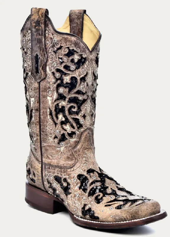 CORRAL LADIES INLAY AND FLOWERED EMBROIDERY SQUARE TOE BOOTS STYLE A3648