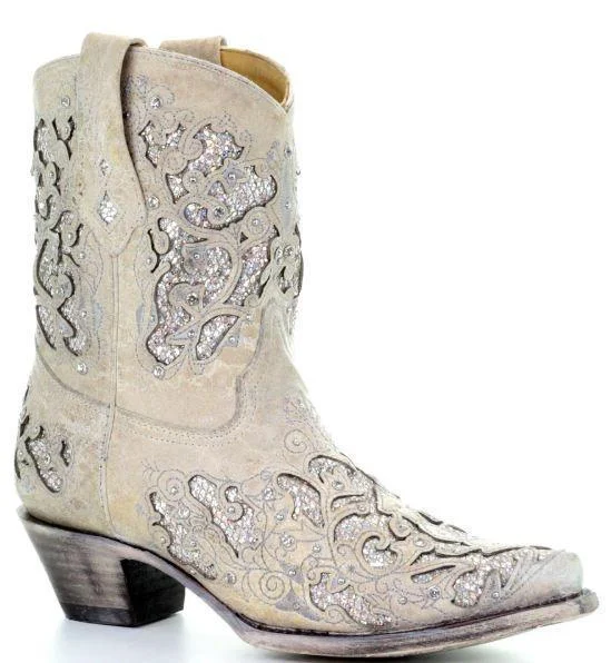 Corral Ladies White Glitter Inlay and Crystals Ankle Boot Style A3550