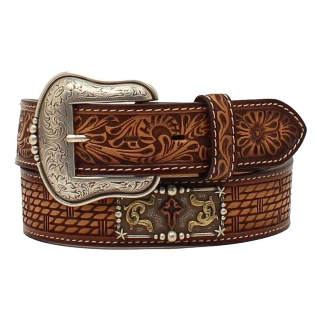 Men's Floral tooled Belt with Rectangle Cross Conchos