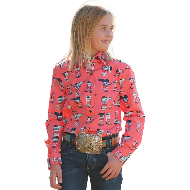 Cruel Girl Kid's Coral Boot Print Long Sleeve Button Down