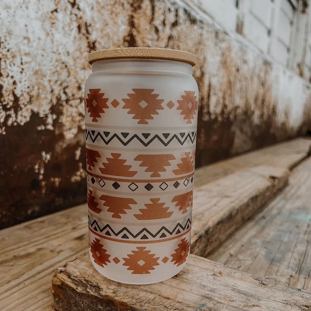 The Whole Herd Ranch House Frosted Glass Can Tumbler in Rust Aztec