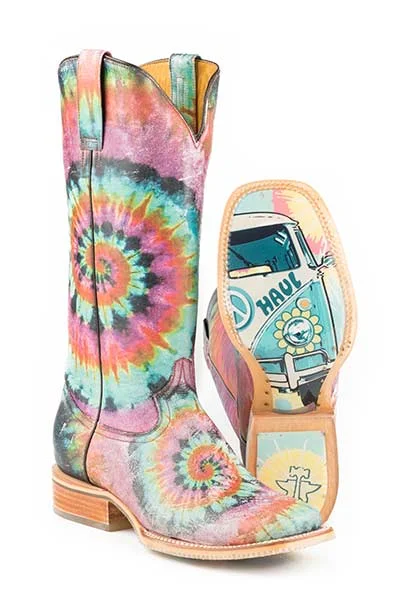 Tin Haul Womens Groovy with Tie Dye Camper Sole Cowgirl Boots Square Toe Style 14-021-0007-1275